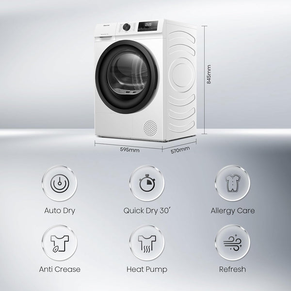 Hisense DH1Q802BW2 60Cm Freestanding 8 KG Heatpump Front Load Tumble Dryer, 16 Programmes, Auto Dry, Steam Refresh, Allergy Care - White