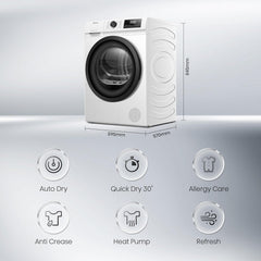 Hisense DH1Q802BW2 60Cm Freestanding 8 KG Heatpump Front Load Tumble Dryer, 16 Programmes, Auto Dry, Steam Refresh, Allergy Care - White