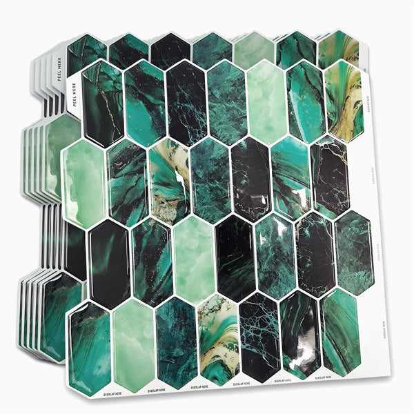 WALPLUS 6pcs 3D Tile Stickers Peel and Stick Backsplash Splashback Decals Tile Transfer for Kitchen Bathroom Living Room Stick on Tile Green Hexagon Honeycomb