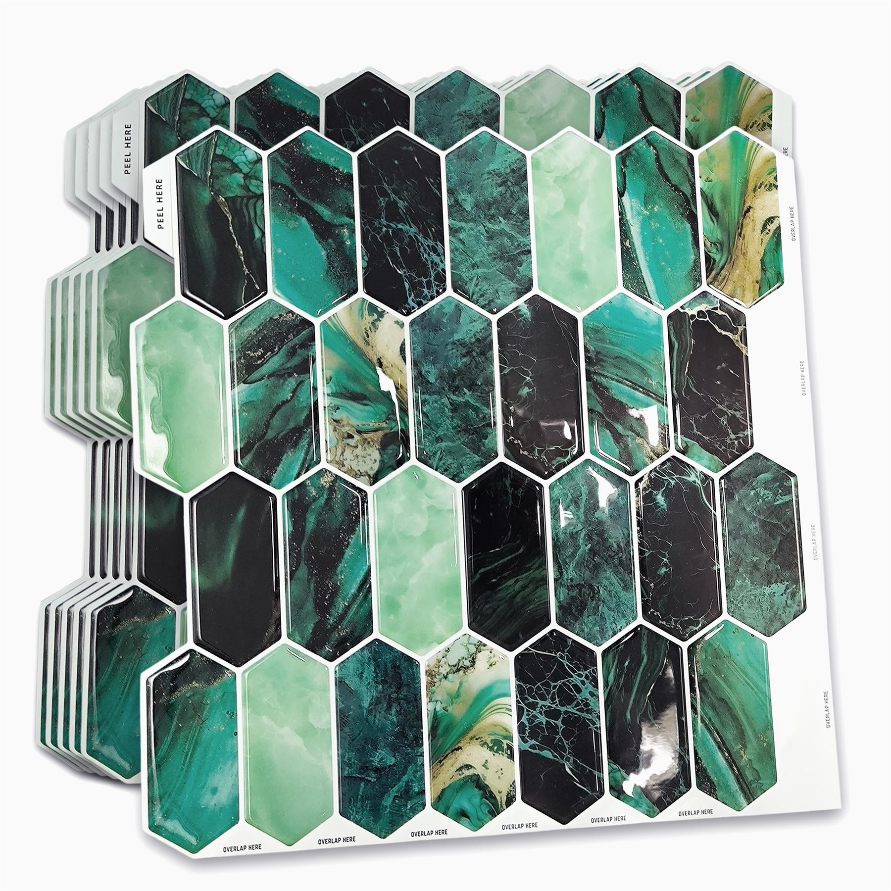 WALPLUS 6pcs 3D Tile Stickers Peel and Stick Backsplash Splashback Decals Tile Transfer for Kitchen Bathroom Living Room Stick on Tile Green Hexagon Honeycomb