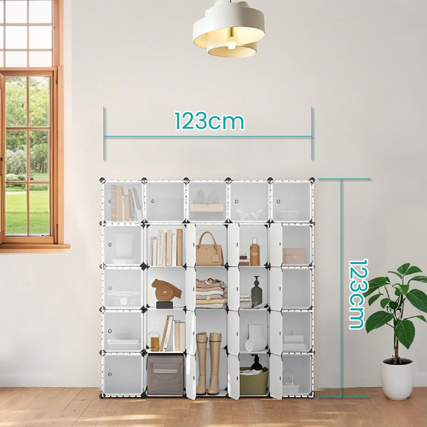 16-Cube Storage Unit, Shoe Rack, Stackable Cubes, Plastic Closet Cabinet, Wardrobe, with Doors, for Bedroom, Office, Easy to Assemble