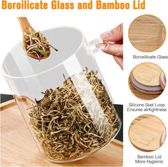 Glass Food Storage Jar,100% Sealed Borosilicate Glass Jars with Bamboo Lid and Bamboo Spoon for Candy, Spices, Coffee Beans, Nuts, Condiments, Cookies, Flour,Tea, 350Ml/12Oz (01)