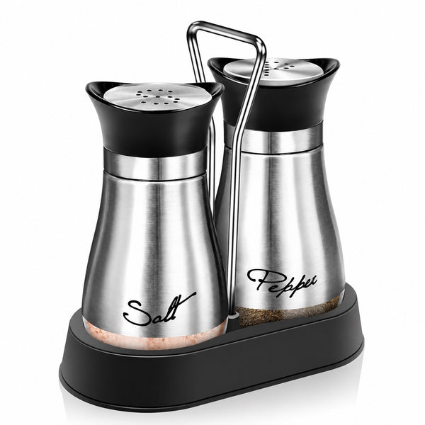 Salt and Pepper Shakers Set with Holder - Stainless Steel Seasoning Containers for Kitchen Counter Dining