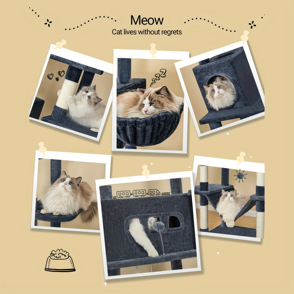 170cm Large Cat Tree, Cat Tower for Maine Cat, Multi-Storey Scratching Post with Large Perch, Washable Mat, Cat House Furniture with 2 Caves, 8 Scratching Posts, Light Grey, Dark Grey