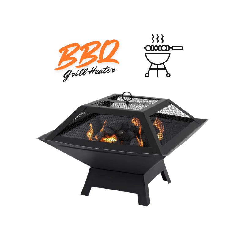 Square Fire Pit with BBQ Grill Heater Outdoor Garden Black Barbeque Metal Brazier Patio Decor Firepit Stove Portable Heat Mesh Cover for Camping or Picnics