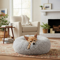 40/50/60/70cm Round Plush Donut Dog/Cat Bed Cuddler Pet Cushion Self-Warming Bed Washable Dog Bed with Non-Slip and Waterproof Bottom Calming Dog Bed