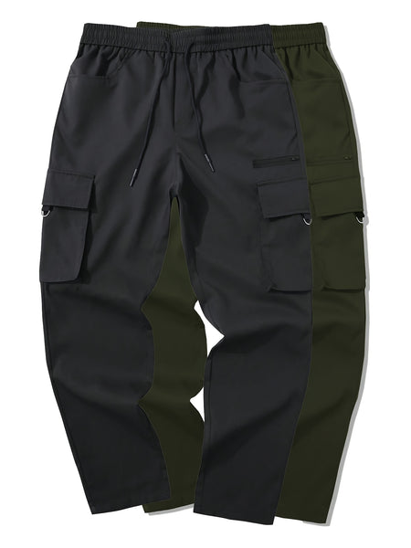 Men's 2pcs Cargo Pants with Drawstring Waist and Multiple Pockets, Suitable for Outdoor Casual Wear