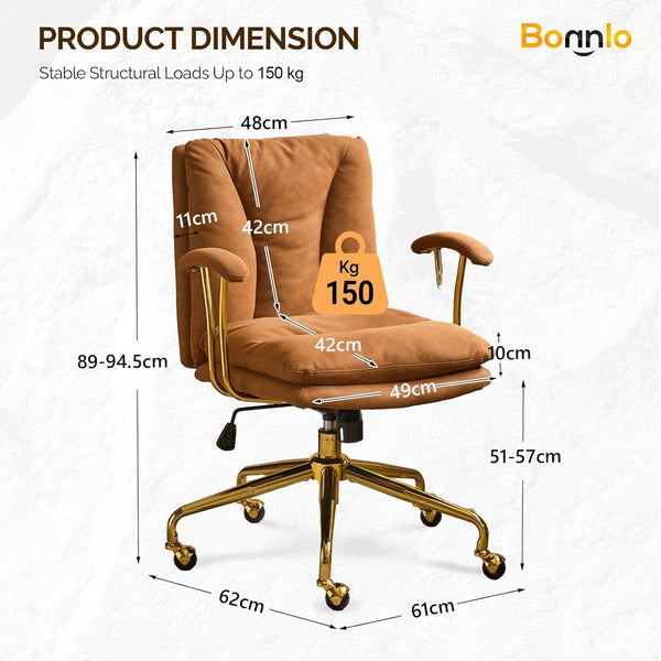 Office Chair Desk Chair with Wheels & Removable Armrests Gold Base Vanity Chair with Back Adjustable Rolling Swivel Computer Task Chair PU Leather