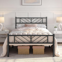 Chic Arrow-Patterned Metal Bed Frame with Under-Bed Storage - Easy Assembly, No Box Spring Needed - Black | Sizes: 91.44cm Single, 4ft6 Double, 152.4cm King, Slatted Bed Platform, Headboard, Oyajia