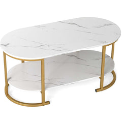 GYMAX White Faux Marble Coffee Table, 2-Tier Modern Oval Center Table with Open Storage Shelf, Gold Metal Frame Cocktail Table for Living Room, Bedroom