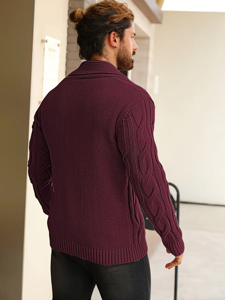 Men'S Solid Cable Knit Cardigan Fall Winter Button-Up Knit Coat