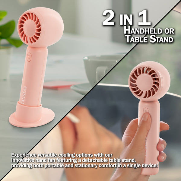 TANNESS 3 Speeds Handheld Fan - Rechargeable, Portable, Foldable With Detachable Base | USB Mini Hand Fan for Table, Desk - Quiet Standing Fan