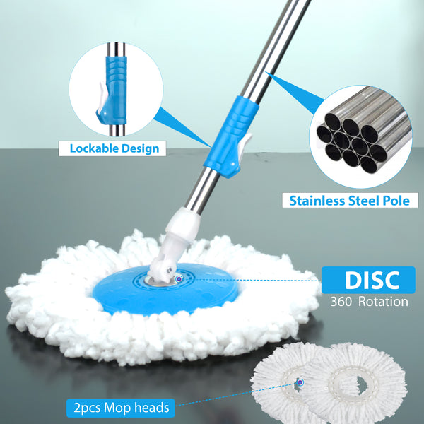 360° Spin Mop and Bucket Set with Wringer, Easy Wring Floor Cleaning Mop with 2 Reusable Microfiber Head for Household Living Room Bedroom Bathroom Toilet