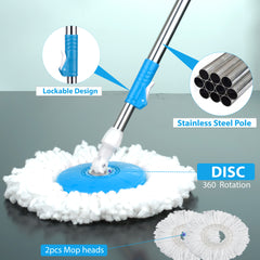 360° Spin Mop and Bucket Set with Wringer, Easy Wring Floor Cleaning Mop with 2 Reusable Microfiber Head for Household Living Room Bedroom Bathroom Toilet