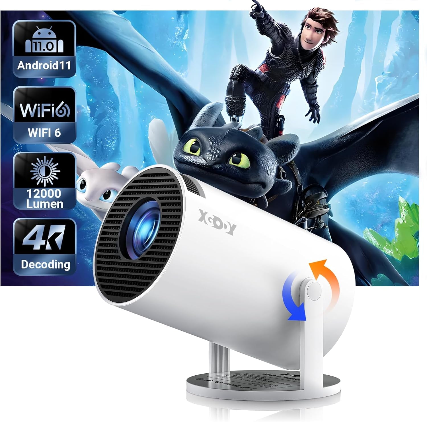 [2025 Upgraded & Android 11.0] Mini Projector Native 720P HD, Supports 4K 1080P, XGODY Gimbal 3 Portable Projector 12000 Lumen, Wifi 6, Bluetooth, Auto Keystone, Video Projector for Home Cinema