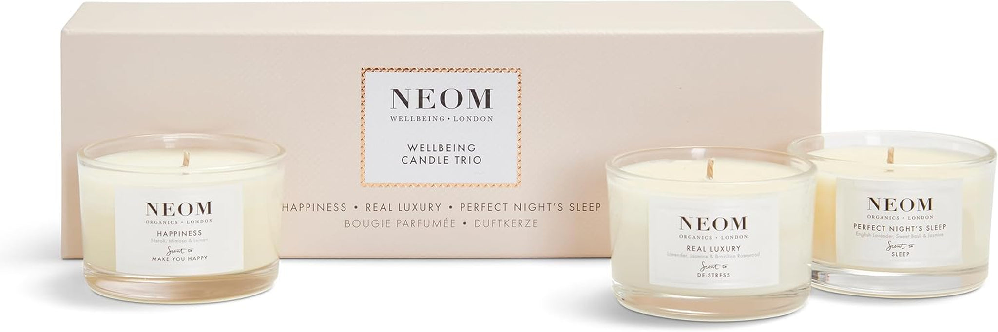 NEOM- Wellbeing Candle Trio Gift Set | Perfect Night'S Sleep, Real Luxury & Happiness Travel Candle | Essential Oil Blend