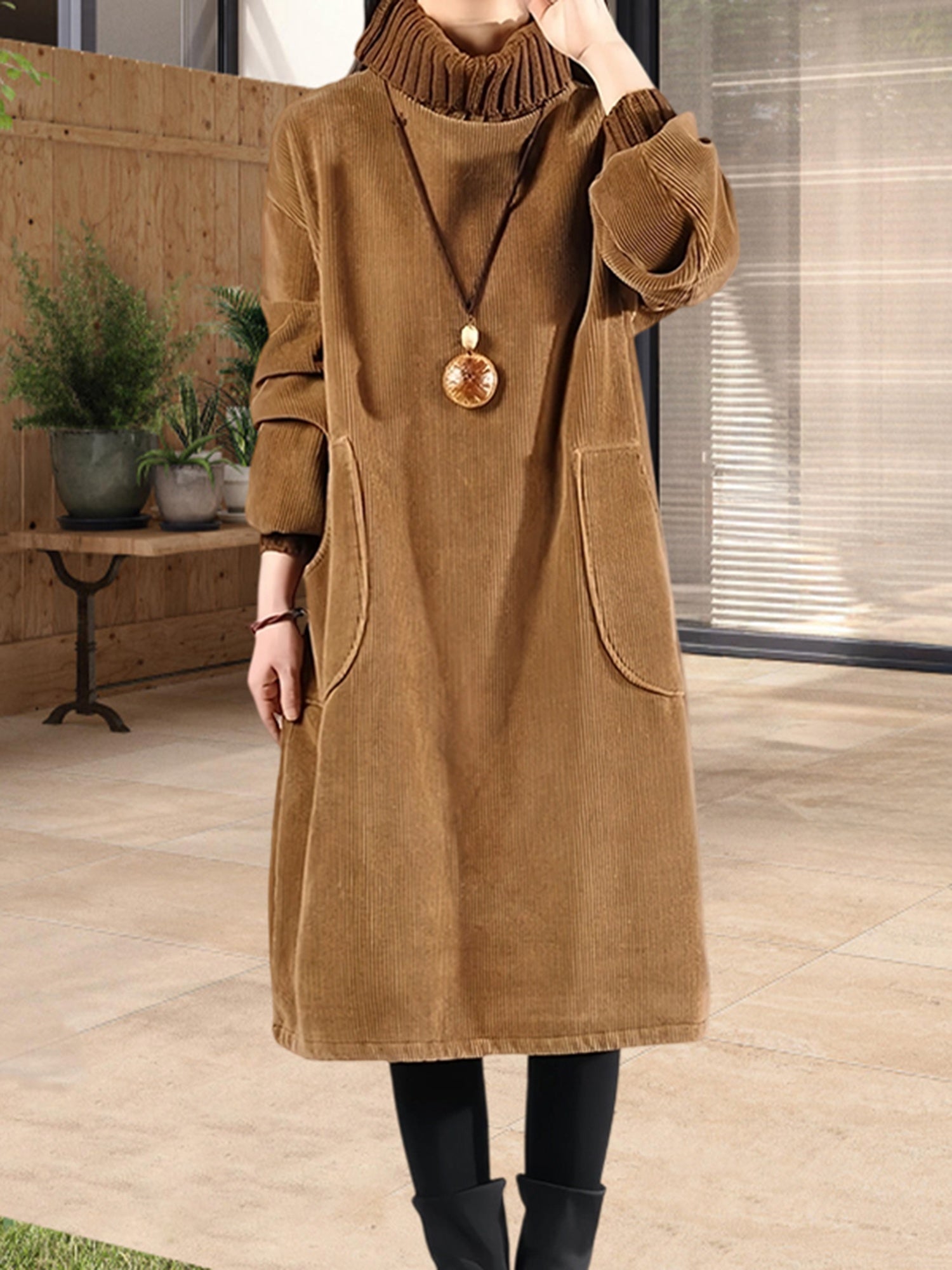 Women'S Elegant Corduroy Dress - Long Sleeve Turtleneck Loose Fit Winter Warm Dress with Pockets, Solid Color (Navy/) - Cozy Fall/Winter