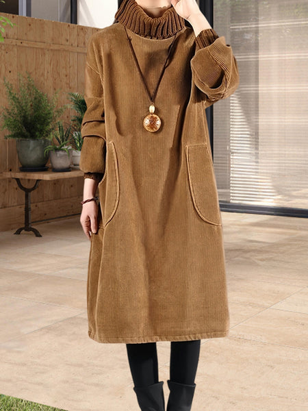 Women'S Elegant Corduroy Dress - Long Sleeve Turtleneck Loose Fit Winter Warm Dress with Pockets, Solid Color (Navy/) - Cozy Fall/Winter