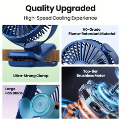 TOPK USB Clip-On Fan, 3-Speed Adjustable Airflow, 720° Flexible Rotation, Low Noise Operation, Portable Clamp Fan for Home, Office, Library, Blue