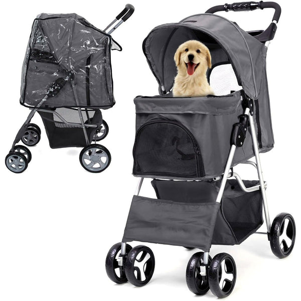 Foldable Pet Stroller With Rain Cover, Portable Foldable Outdoor Walking Cart with Large Space, Hand-Pull Design, Durable Oxford Fabric, Ergonomic Handle & Ventilation Mesh, Lightweight & Sturdy Frame For Small To Medium Dogs - Outdoor Pet Carrier, Modern