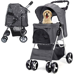 Foldable Pet Stroller With Rain Cover, Portable Foldable Outdoor Walking Cart with Large Space, Hand-Pull Design, Durable Oxford Fabric, Ergonomic Handle & Ventilation Mesh, Lightweight & Sturdy Frame For Small To Medium Dogs - Outdoor Pet Carrier, Modern