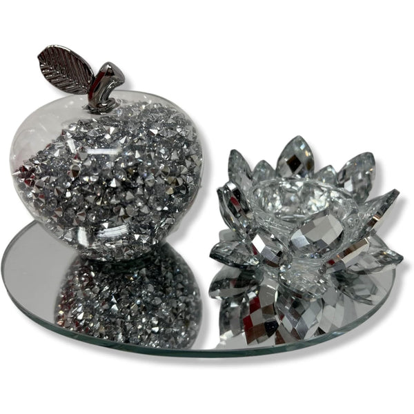 Amazing Gift Silver Sparkle Glass Ornament Bling Crushed Diamond Crystal Filled Apple Shape Tealight Candle Holder