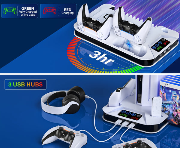 For Ps5/Slim/Pro Cooling Station Stand with Dual Controller Charging Station for Playstation 5 Console, for PS5 Additions Incl. Controller Charger, Cooling Fan, Headset Holder, 3 USB Hub
