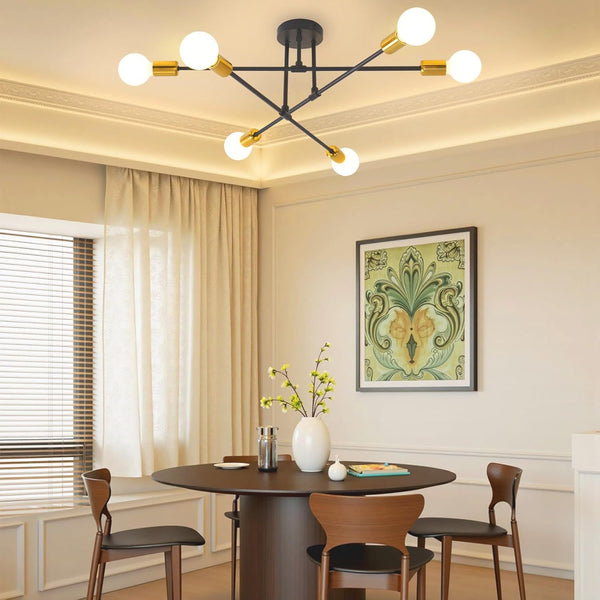 6-Light Modern Gold Sputnik Chandelier, Industrial Semi Flush Mount Ceiling Light Fixture, E27 Hardwired Metal Lamp for Living Room Dining Room