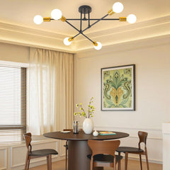 6-Light Modern Gold Sputnik Chandelier, Industrial Semi Flush Mount Ceiling Light Fixture, E27 Hardwired Metal Lamp for Living Room Dining Room