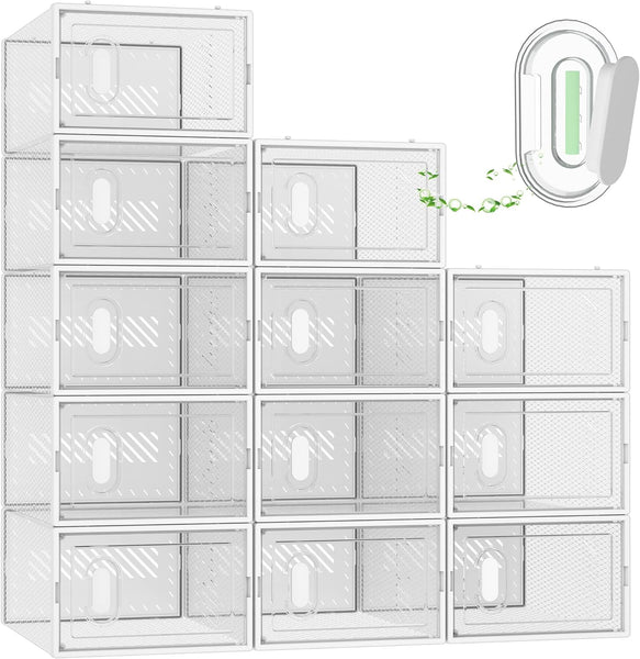 SIMPDIY Shoe Storage, 12 Pack Shoe Organizer for Closet, Shoe Boxes Clear Plastic Stackable Shoe Containers with Lids for Size 10
