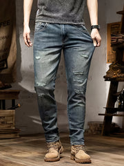 Men'S Jeans Stretch Trousers Style Cycling Men'S Pants Street Style Blue Distressed Denim Long Pants All-Season Wear