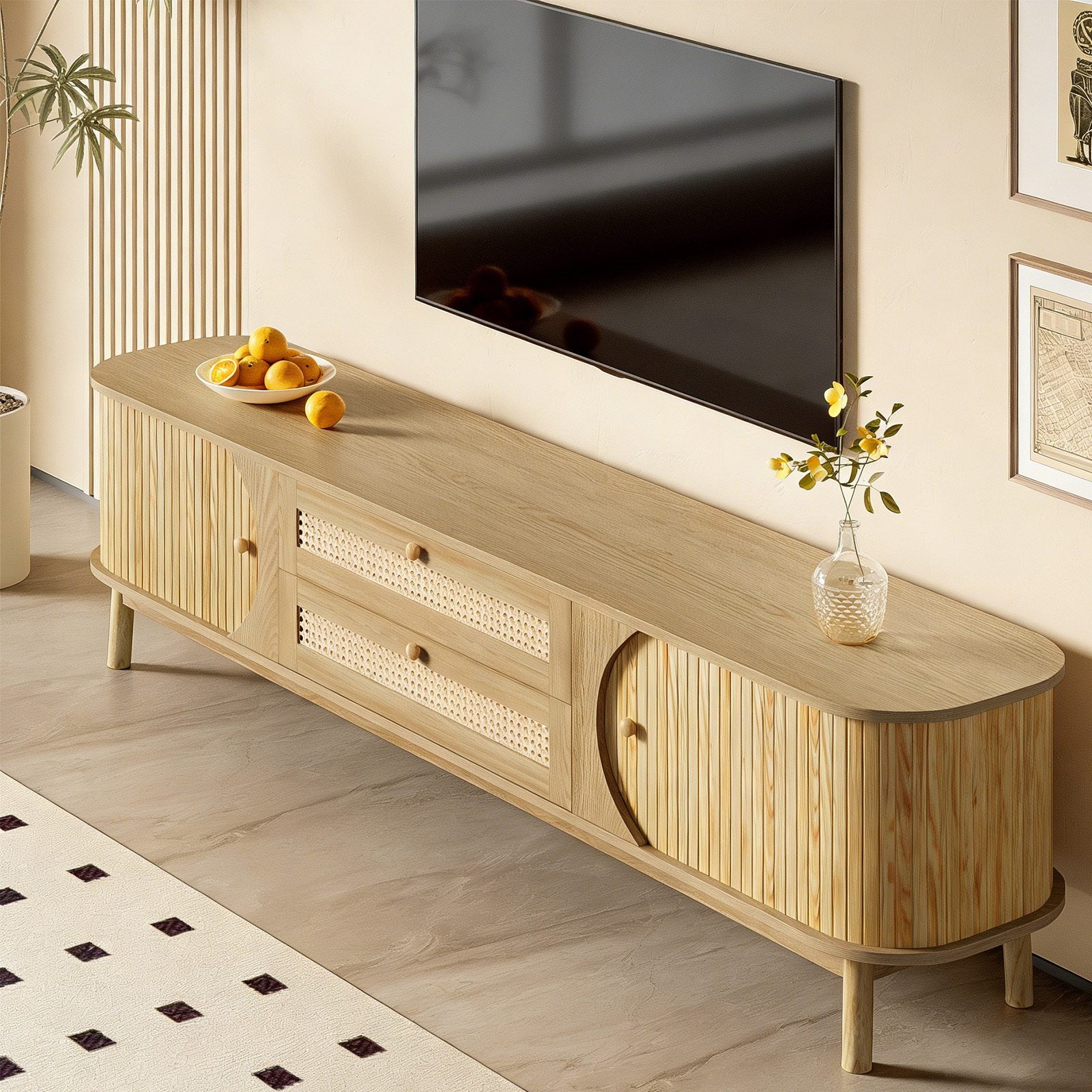 Natural Country Style TV Stand - Wood-Blend Cabinet With Doors Drawers, Rattan Sides, Practical Storage Solution For Living Room Home