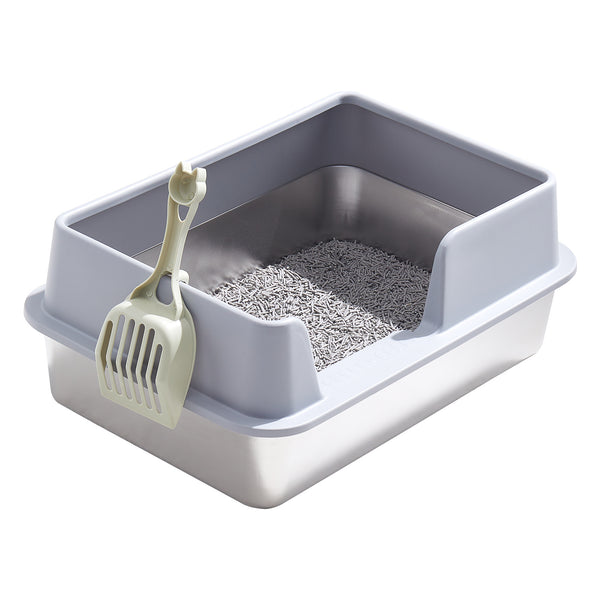 XL Stainless Steel Cat Litter Box, Large Cat Litter Tray with High Sides Anti Leakage, Odor Control, Metal Litter Box with Anti-slip Bottom, Easy Cleaning Kitten Litter Tray for Cats, Black Grey