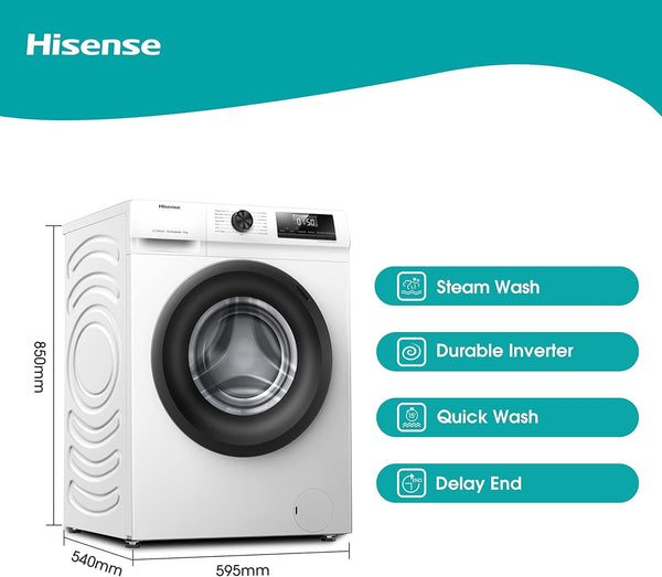 Hisense-Wfqp9014Evm-Freestanding-9 Kg-Front Load Washing Durable Inverter Machine-Steam Wash-Quick Wash-15 Washing Programs-1400 Rpm-White-Energy Rating C