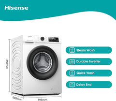 Hisense-Wfqp9014Evm-Freestanding-9 Kg-Front Load Washing Durable Inverter Machine-Steam Wash-Quick Wash-15 Washing Programs-1400 Rpm-White-Energy Rating C