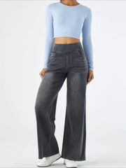 ' High Waisted Wide Jeans - Stretchy Pants with Multiple Pockets, -Washed - Casual Trousers for Jeanswear & Layering (Wide-Waisted Fit)