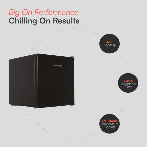 Cookology MFR45BK Small Table Top Mini Fridge in Black - 46 Litre Capacity - for Counter Tops - Reversible Door - Adjustable Temperature Control & Legs - with Chiller Box