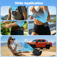 Portable Waist Fan with 7W Brushless Turbo Dual Motor, 100-Speed Adjustable, 6000mAh Power Bank, Phone Charging Design, Desktop Stand, Lanyard, Flashlight & LED Display for Outdoor Camping Fishing Hiking
