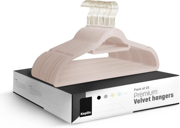 KEPLIN Velvet Hangers 20 Pack - Non-Slip Clothes Hangers with Tie Bar & 360° Hook - Durable & Sturdy, Space-Saving Wardrobe Organisers for Suits, Jackets & Clothes- Home Storage Solution (Black)