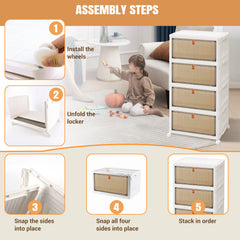 3 4 5 Tier Folding Storage Box, Plastic Collapsible Storage Box with Wheels, Stackable Storage Boxes with Lids and Front Opening Door Stackable Storage Boxes with Lids, 4 Wheels, Sturdy PP Matterial, Foldable Plastic Storage Unit for Toys/Office Supplies/