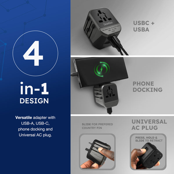 Desiretech Travel Adaptor 4-in-1 Universal Plug Adapter with USB-A, USB-C, Phone Docking - Compact UK to World Adaptor, Double Fuse Protection - Perfect for Europe, USA, Asia & Beyond