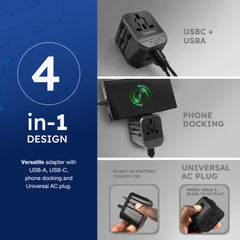 Desiretech Travel Adaptor 4-in-1 Universal Plug Adapter with USB-A, USB-C, Phone Docking - Compact UK to World Adaptor, Double Fuse Protection - Perfect for Europe, USA, Asia & Beyond