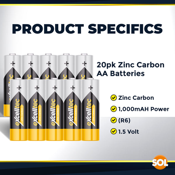20 Pack Excelltec AA / AAA Batteries | 1.5V Zinc Carbon Dry Cell 1000mAh Battery for Low Drain Devices | Non-Rechargeable Primary Cell Batteries for Remote Controls, Clocks, Flashlights, Alarms, Radios & More | Long Shelf Life Disposable AA AAA Battery Pa