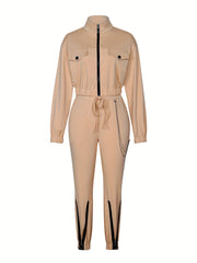 Cross-Border Women'S Two-Piece Set Zipper Long-Sleeved Top Pants Stitching Zipper Design Casual Suit