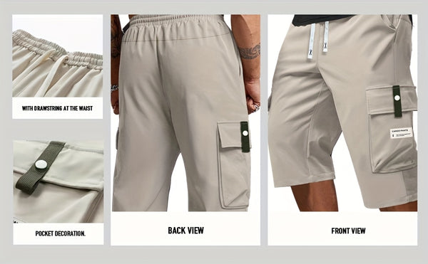 2pcs Men's Cargo Capri Pants with Drawstring Waist, Large Pockets, and Letter Patches for Summer, Fashion Casual Athletic Trousers