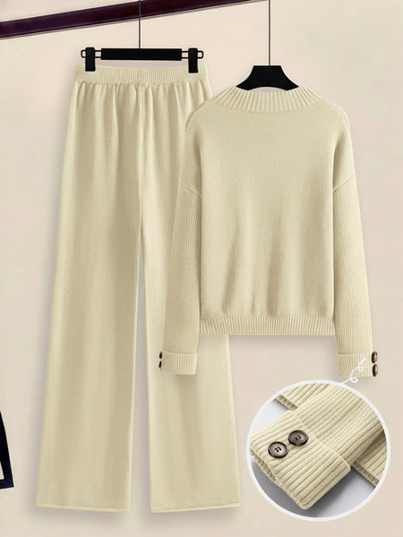 Women's 2pcs Set with Side Stripe| Crewneck Sweater & Relaxed Fit Straight Leg Pants| Soft Loungewear for Spring Autumn | European Casual Y Style