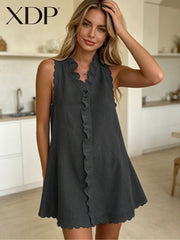 Women's Scalloped Edge Ruffle V-Neck Mini Dress, Casual Sleeveless Swing Dress for Daily