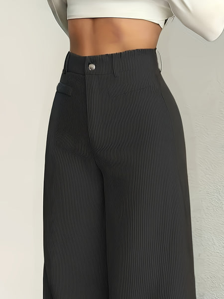 Cat Ear Orientation MS25072820 Women'S High-Waisted Wide-Leg Pants - Corduroy Texture Casual Trousers, All-Season Comfort, Machine Washable Beige Pants Three-Piece Set