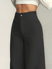 Cat Ear Orientation MS25072820 Women'S High-Waisted Wide-Leg Pants - Corduroy Texture Casual Trousers, All-Season Comfort, Machine Washable Beige Pants Three-Piece Set