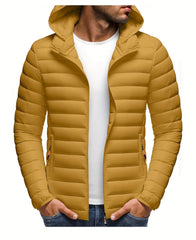 Men's Stand Collar Hooded Jacket - Warm, Windproof Thickened Coat, Detachable Hood, Solid Color Design, Thickened Nylon Fabric for Cold Weather, Casual Style, Zip Closure, Dry Clean Only, Winter Stand Collar Hooded Thickened Coat